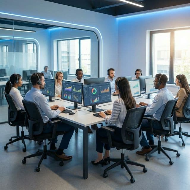 Professional call center team using cloud telephony